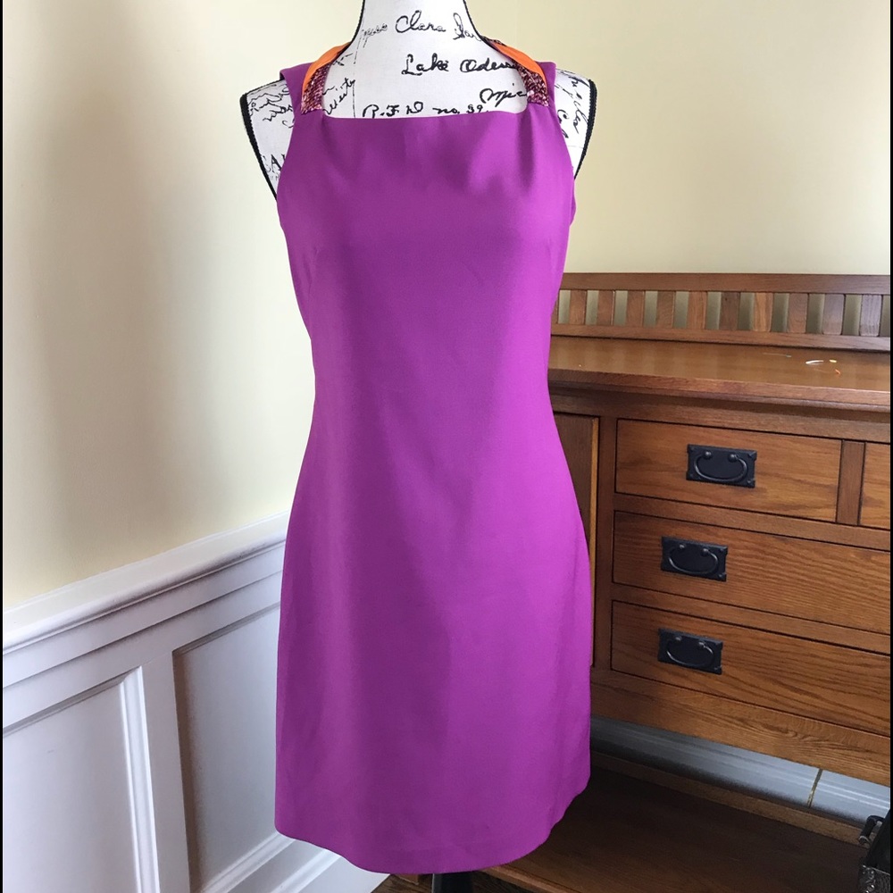 Tahari Fuchsia Sheath Dress with Orange Strap Detail